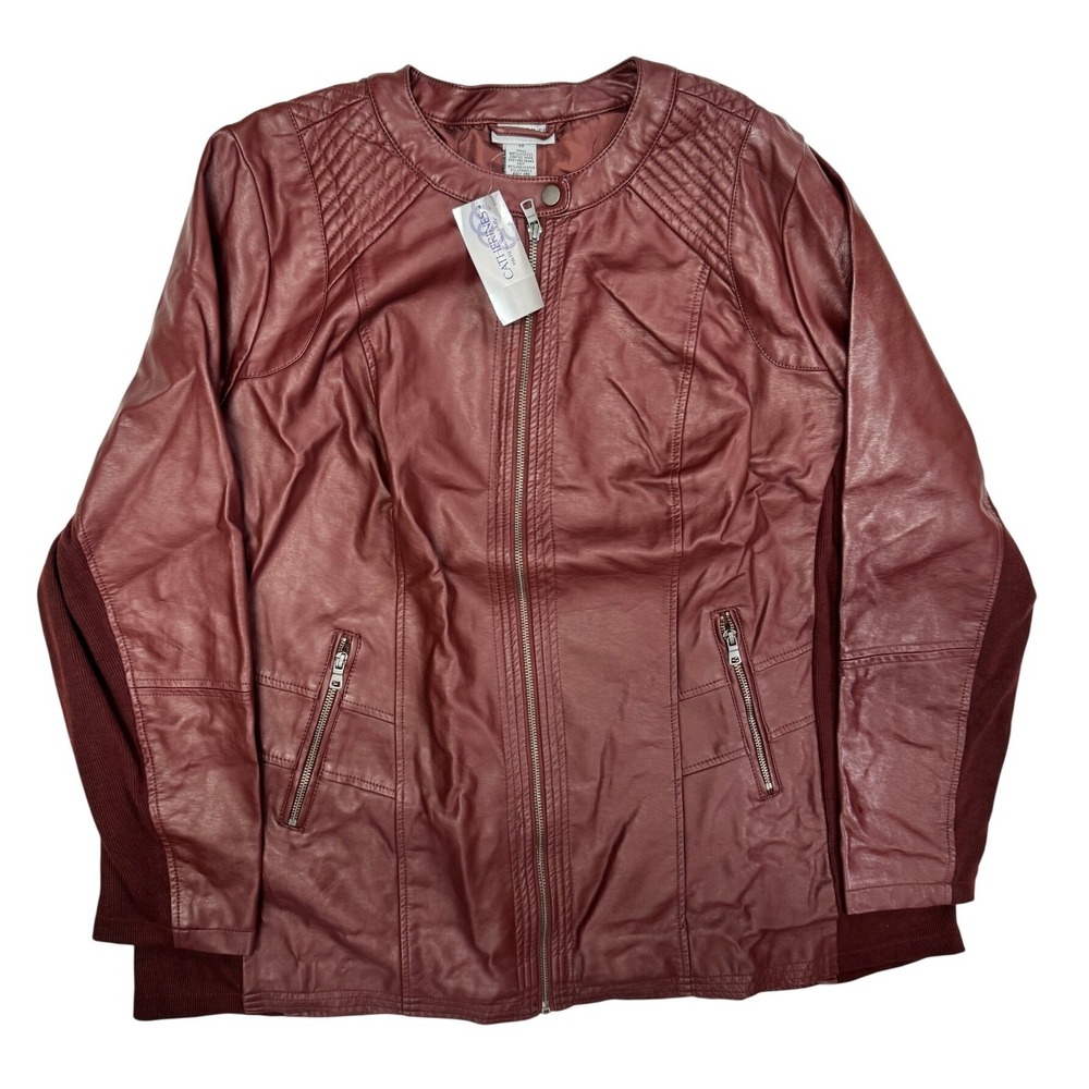 Catherines Womens 1X Burgundy Faux Leather Moto Jacket Quilted Knit Trim NWT